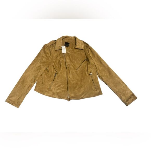 NWT PLUS LANE BRYANT Tucson Tan Faux Vegan Suede Stretch Moto Jacket Sz 14/16 - Picture 4 of 10